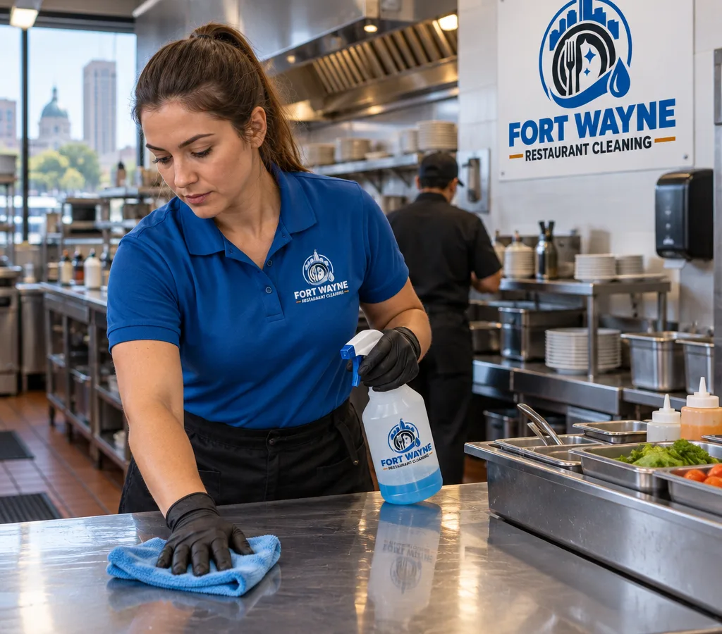 Professional cleaner sanitizing stainless prep tables in a commercial restaurant kitchen
