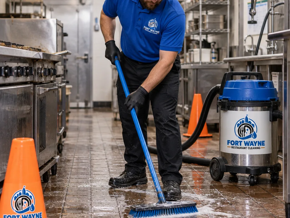 Cleaner scrubbing a commercial kitchen floor near a floor drain using proper PPE