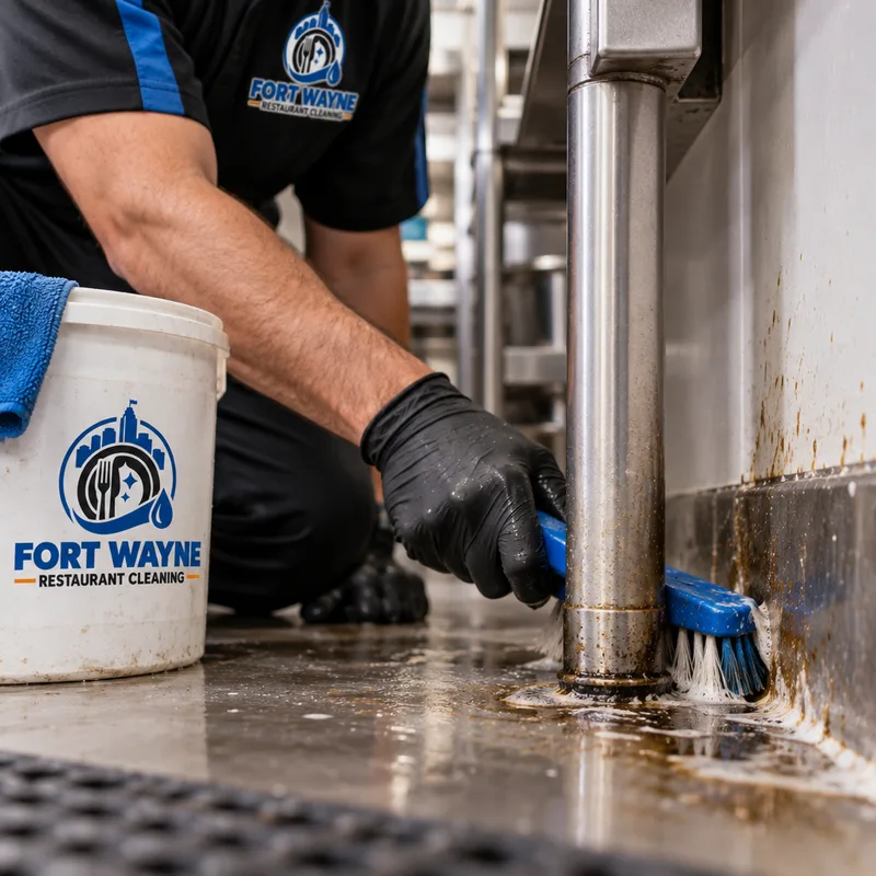 Technician hand-scrubbing grease at stainless equipment legs and the floor-wall edge in a commercial kitchen