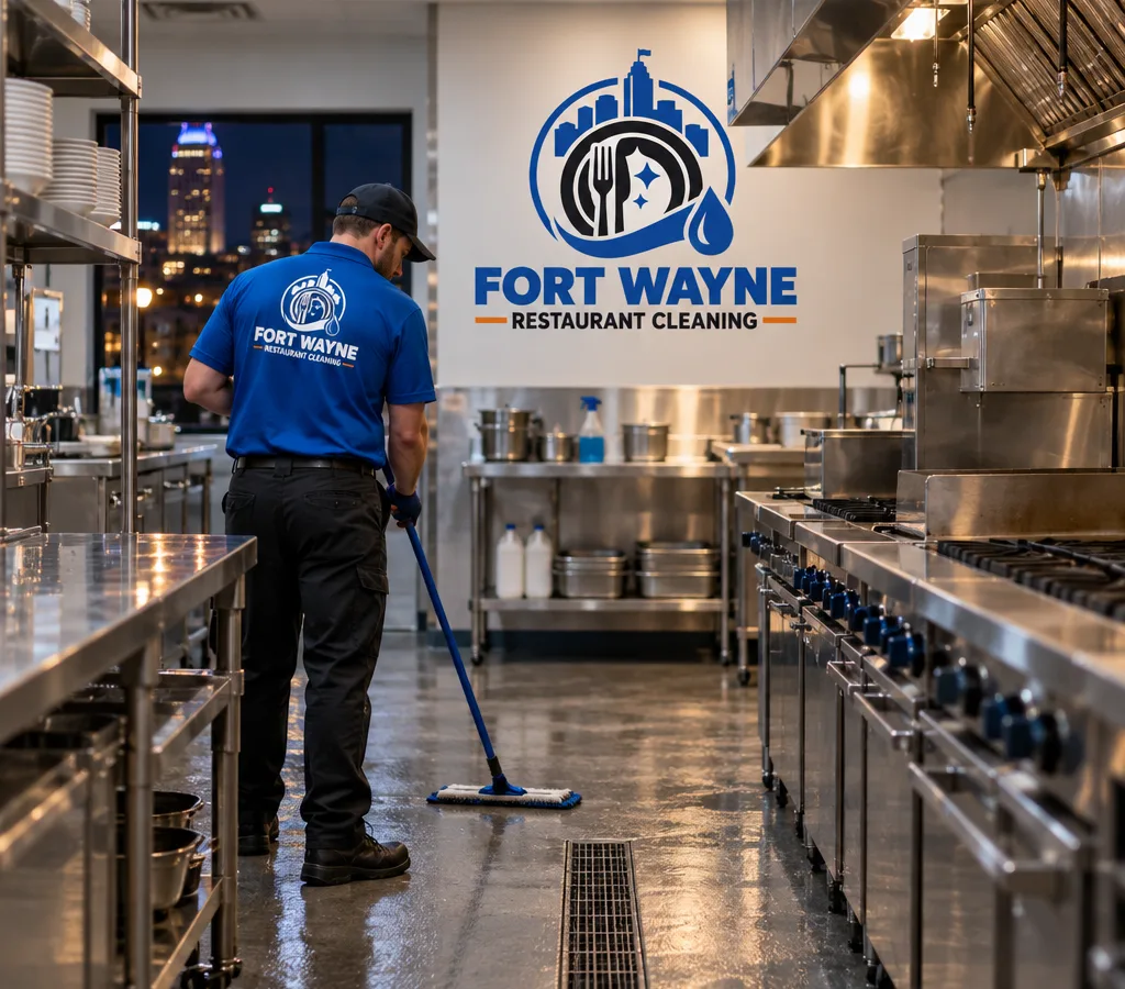 After-hours Fort Wayne restaurant kitchen with freshly cleaned stainless prep tables, floor drains, and cooking line