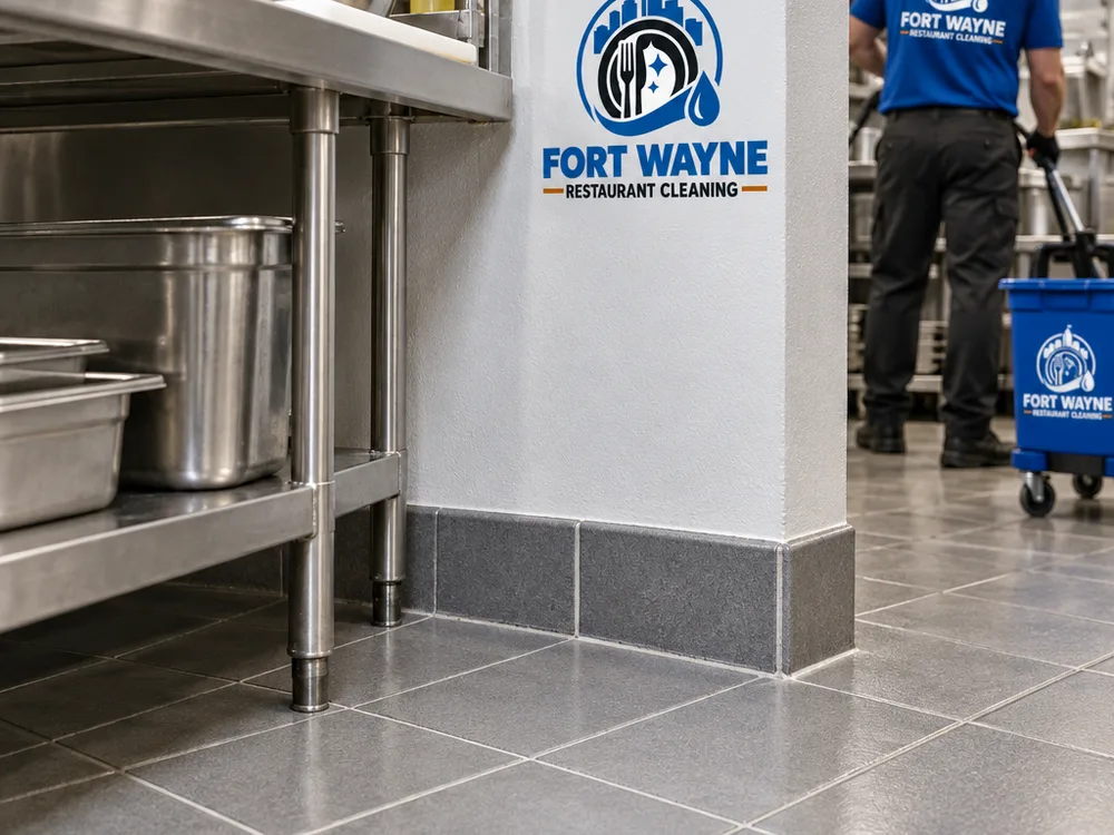 Detailed floor corner and wall line behind a prep table after degreasing and grout scrubbing