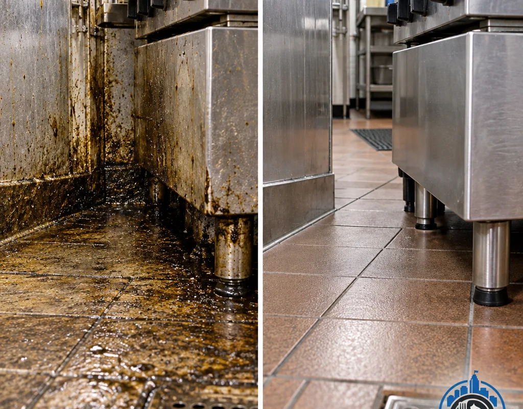 Before-and-after view of grease removed from a cook-line floor edge and equipment base