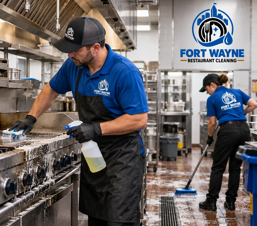 Commercial kitchen crew deep cleaning a stainless cook line, equipment bases, and floor edges
