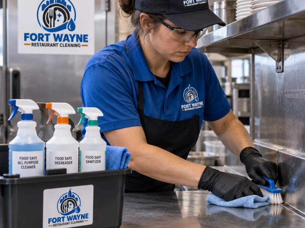 Cleaner detailing stainless prep-table seams and backsplash edges with brushes and microfiber cloths
