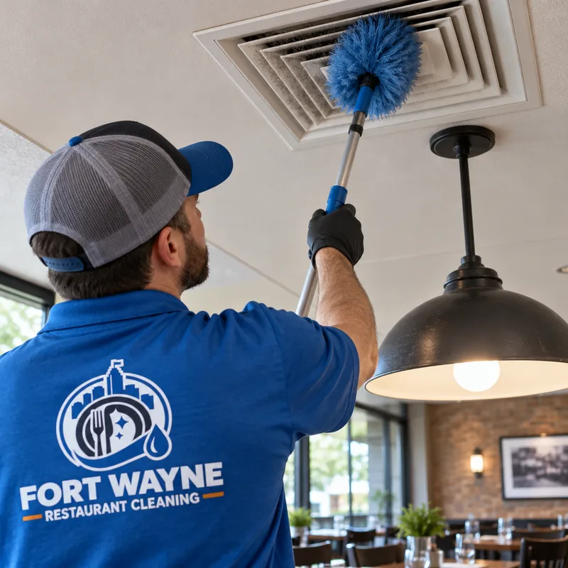High dusting detail of a clean ceiling vent and light fixture above a restaurant dining area