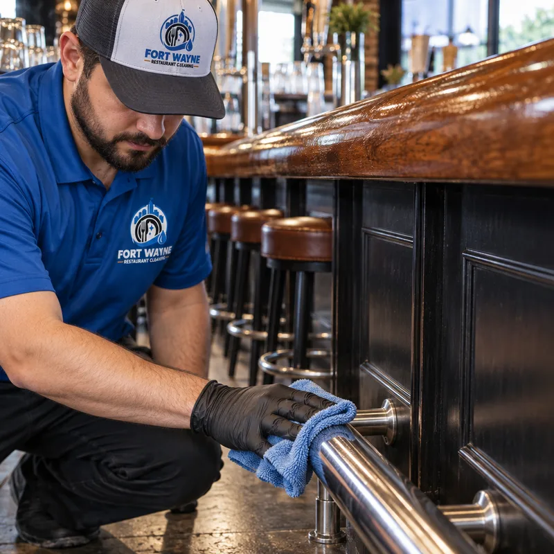 Cleaned restaurant bar rail and footrest with sticky buildup and scuff marks removed