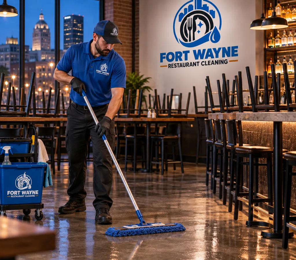 After-hours professional cleaner mopping and detailing a Fort Wayne restaurant dining room and bar area with chairs raised and floors drying
