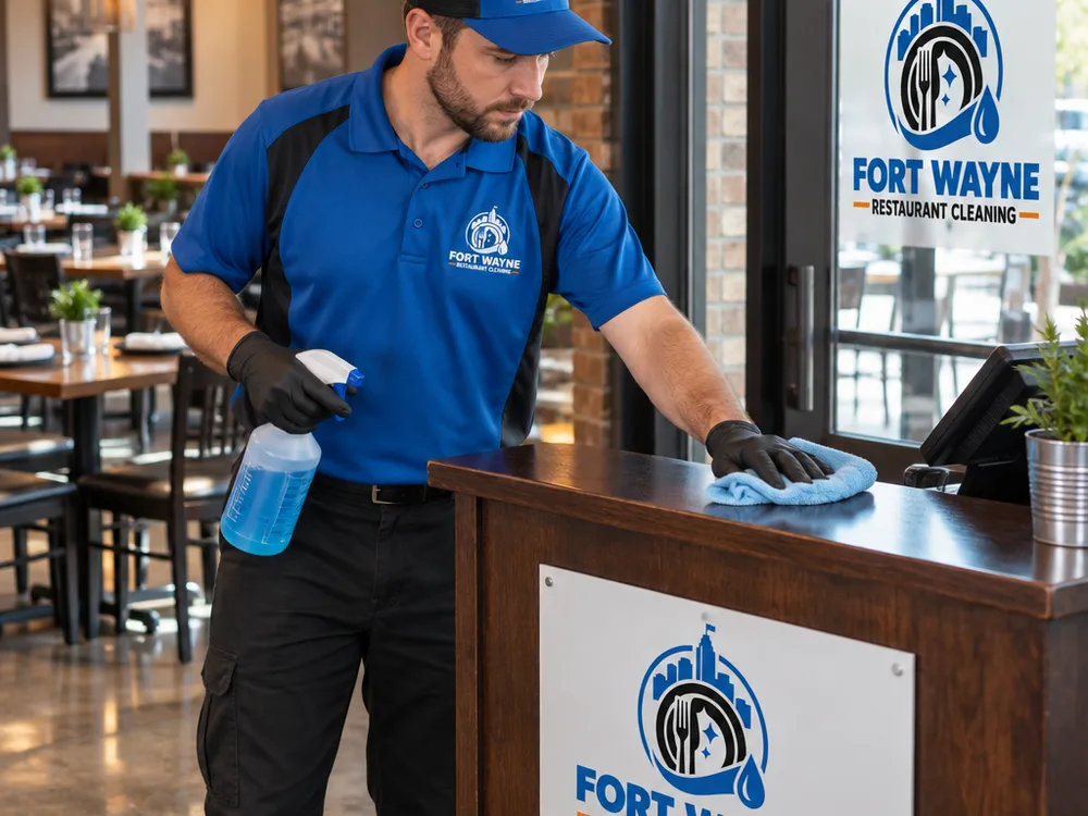 Cleaner wiping down a restaurant host stand and entry glass with dining tables staged behind