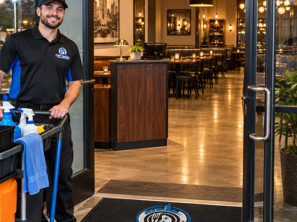 Clean streak-free restaurant entry glass and host stand area with polished fixtures and tidy floor edges after hours