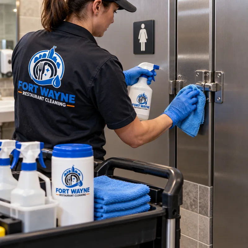 Gloved hands disinfecting restaurant restroom stall latches and door hardware with labeled disinfectant and microfiber towels nearby