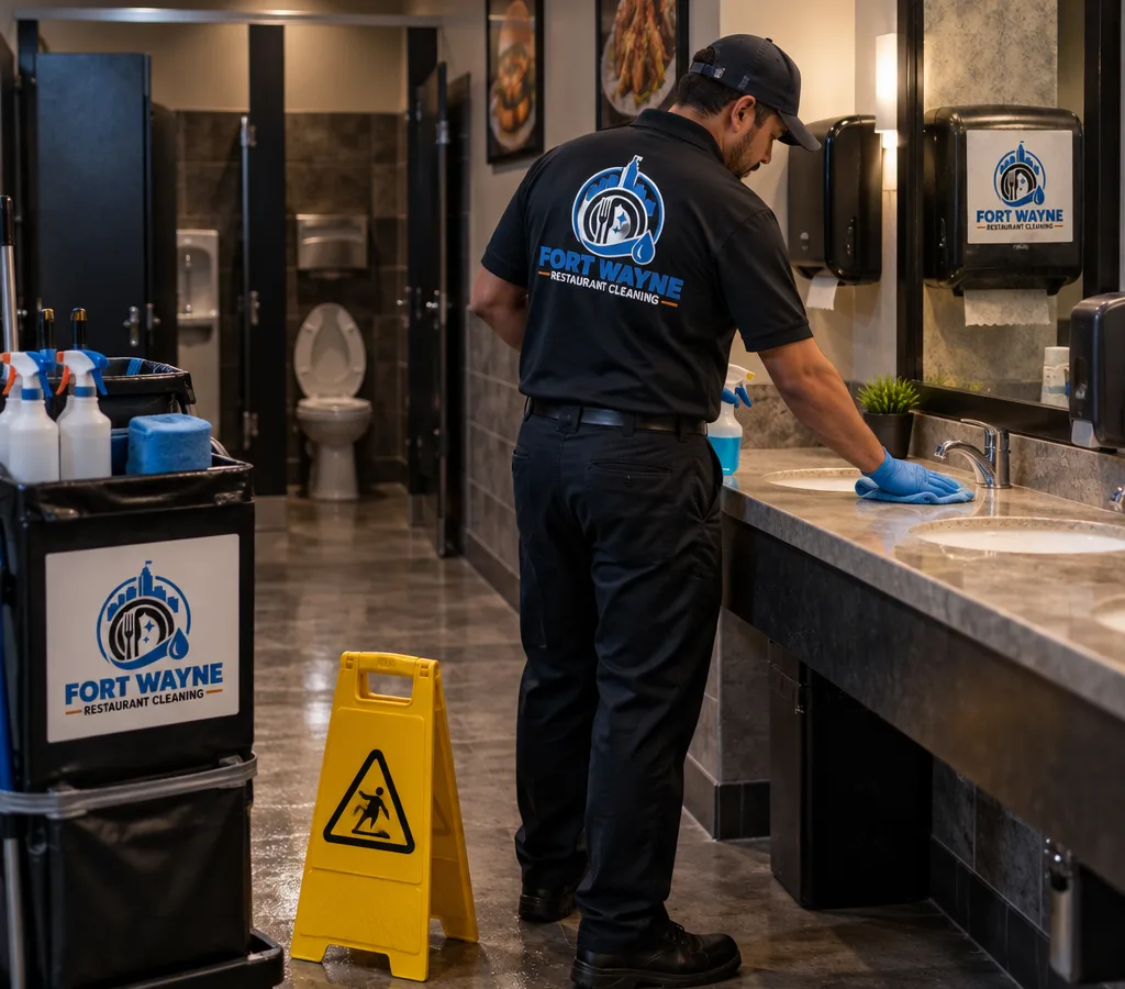 Night cleaning technician restocking and disinfecting a restaurant restroom with sinks, mirrors, dispensers, toilets, and a wet floor sign