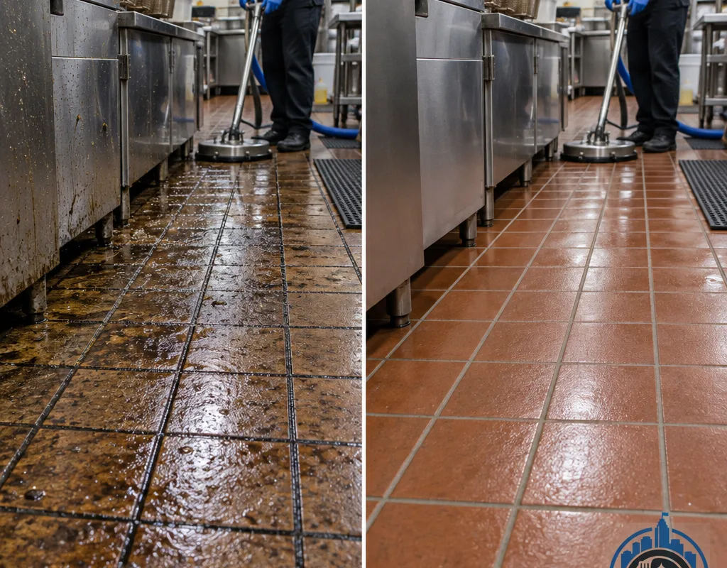 Before-and-after view of restaurant kitchen tile and grout near a fryer line after degreasing