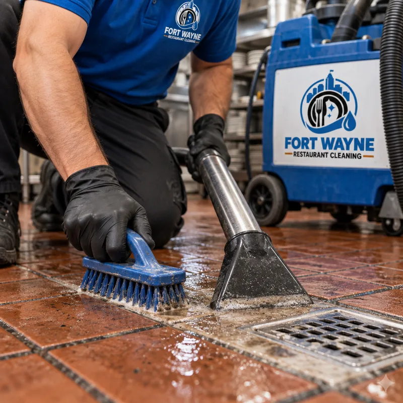 Restaurant kitchen tile grout being agitated and dirty solution extracted near a floor drain