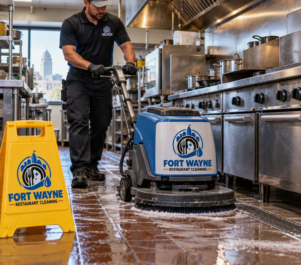 Commercial restaurant kitchen floor in Fort Wayne being professionally scrubbed and degreased with wet-floor signage