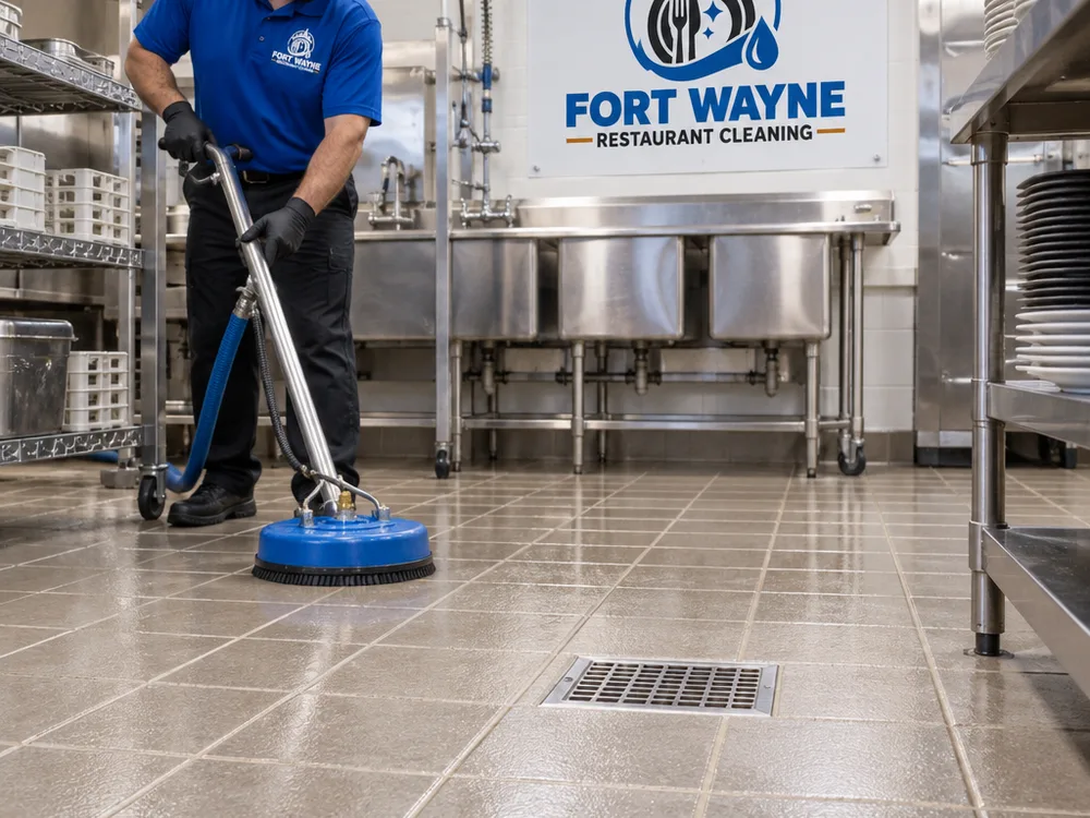 Freshly cleaned restaurant dish-area tile, grout, and floor drain after scrubbing and rinsing