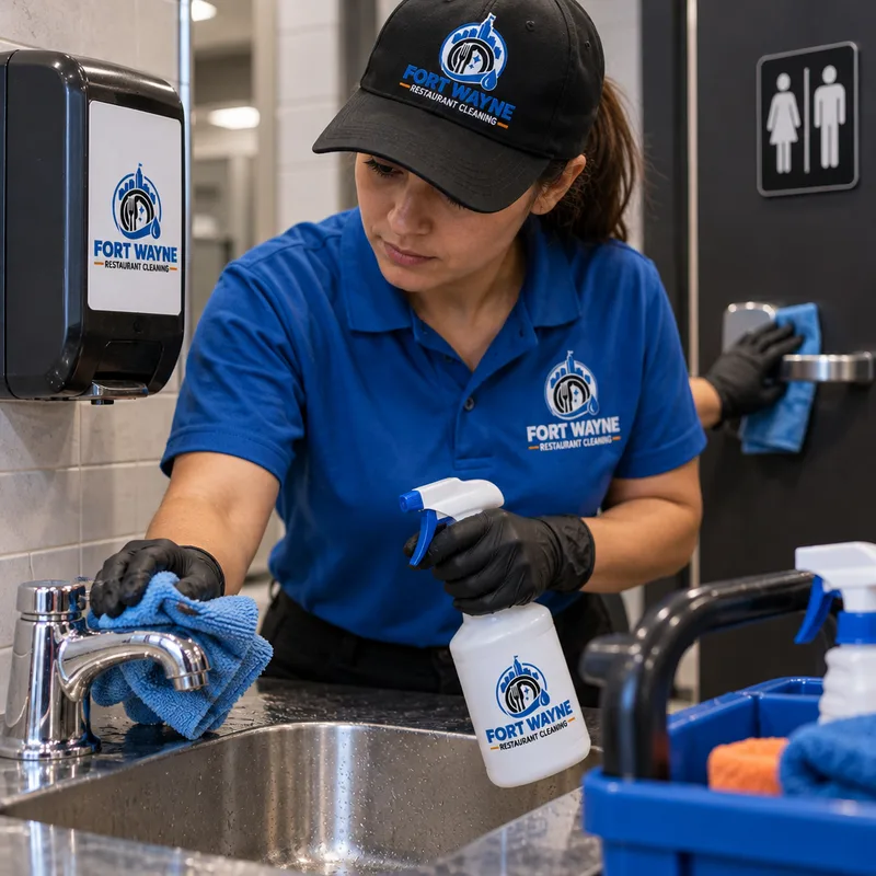 Cleaner disinfecting commercial restroom faucet handles, soap dispenser, and door handle using gloves and labeled restroom-only supplies
