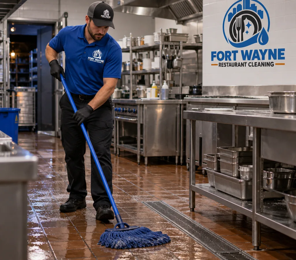 Cleaner mopping an after-hours commercial kitchen in New Haven, Indiana, with stainless prep tables and floor drains visible