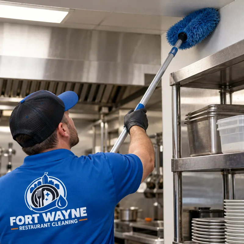 Cleaner high-dusting a stainless shelf and ceiling corner in a restaurant kitchen