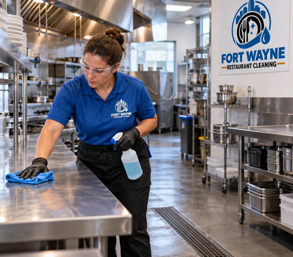 Professional cleaner wiping stainless prep tables and equipment in a commercial restaurant kitchen