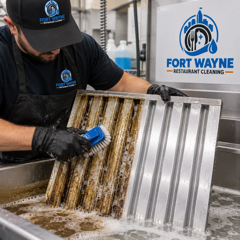 Commercial hood baffle filter being soaked and scrubbed in a designated wash area