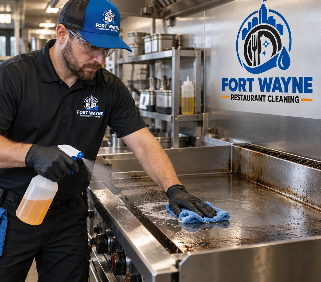 Technician in PPE cleaning a commercial flat-top grill and surrounding stainless surfaces in a working restaurant kitchen
