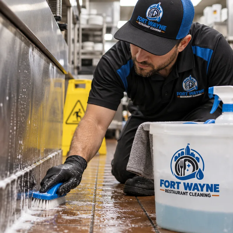 Technician scrubbing a commercial kitchen floor edge and baseboard near degreaser and a wet floor sign