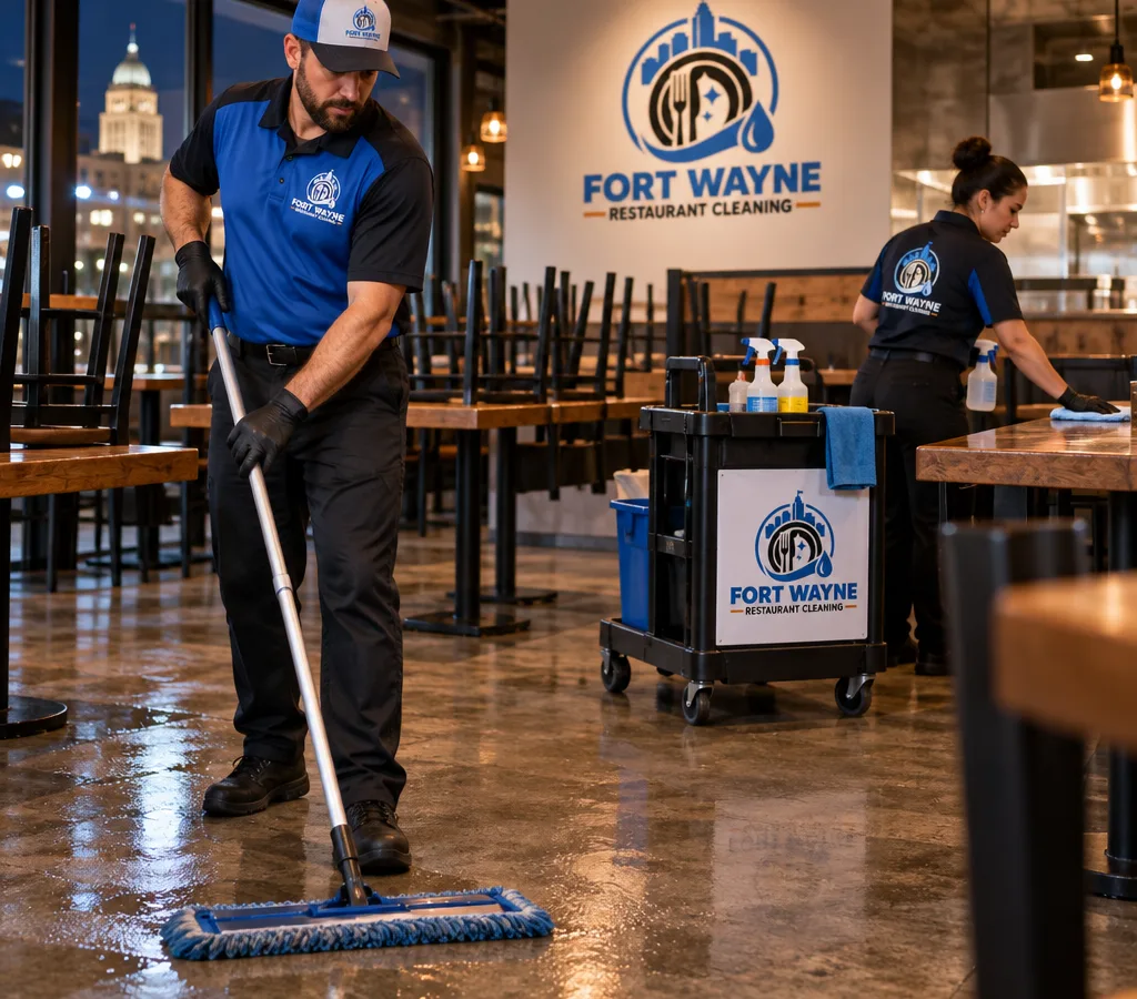 After-hours restaurant cleaning with technicians mopping the dining room and sanitizing high-touch surfaces