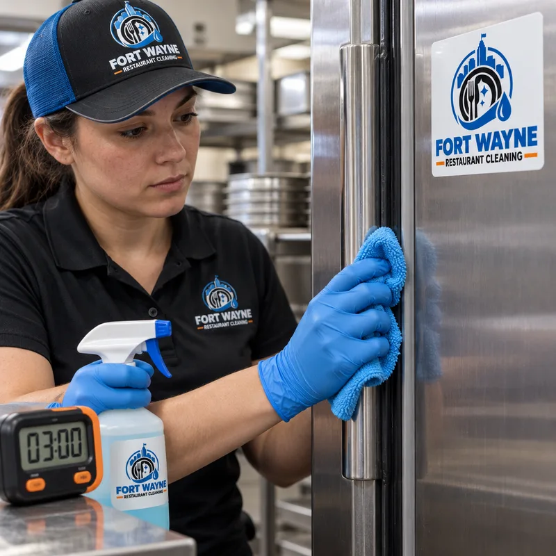 Cleaner using a color-coded microfiber cloth on a refrigerator handle and gasket with sanitizing supplies nearby