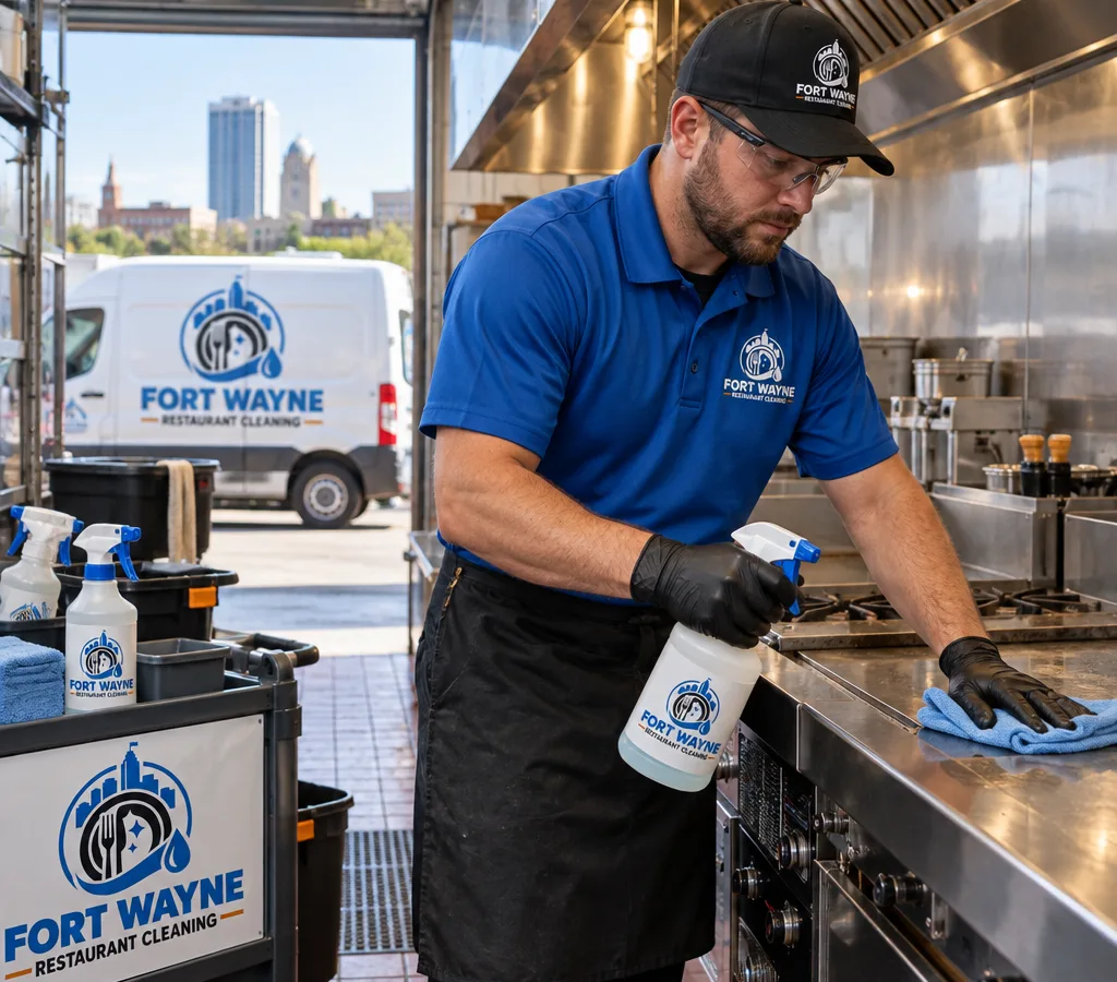 Professional cleaner wiping stainless prep tables and a cookline backsplash in a working restaurant kitchen