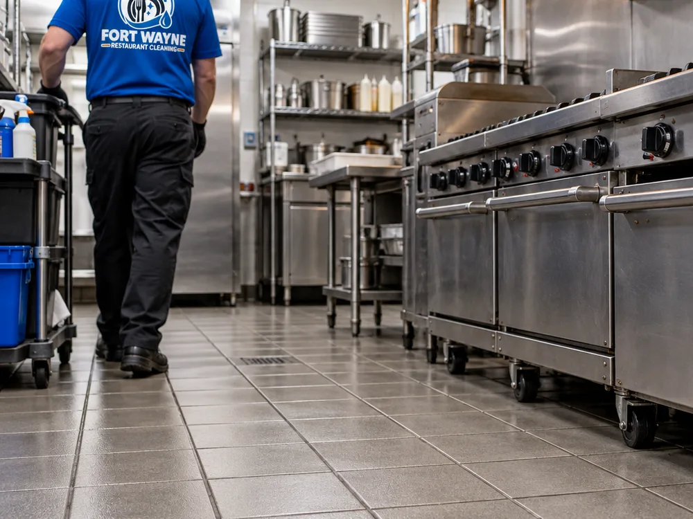 Degreased back-of-house floor near the cookline with clean grout lines and no standing water