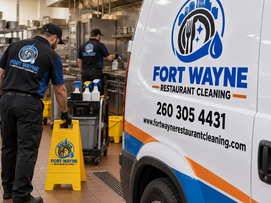 Technicians staging degreasing supplies and floor signage to keep commercial kitchen aisles safe