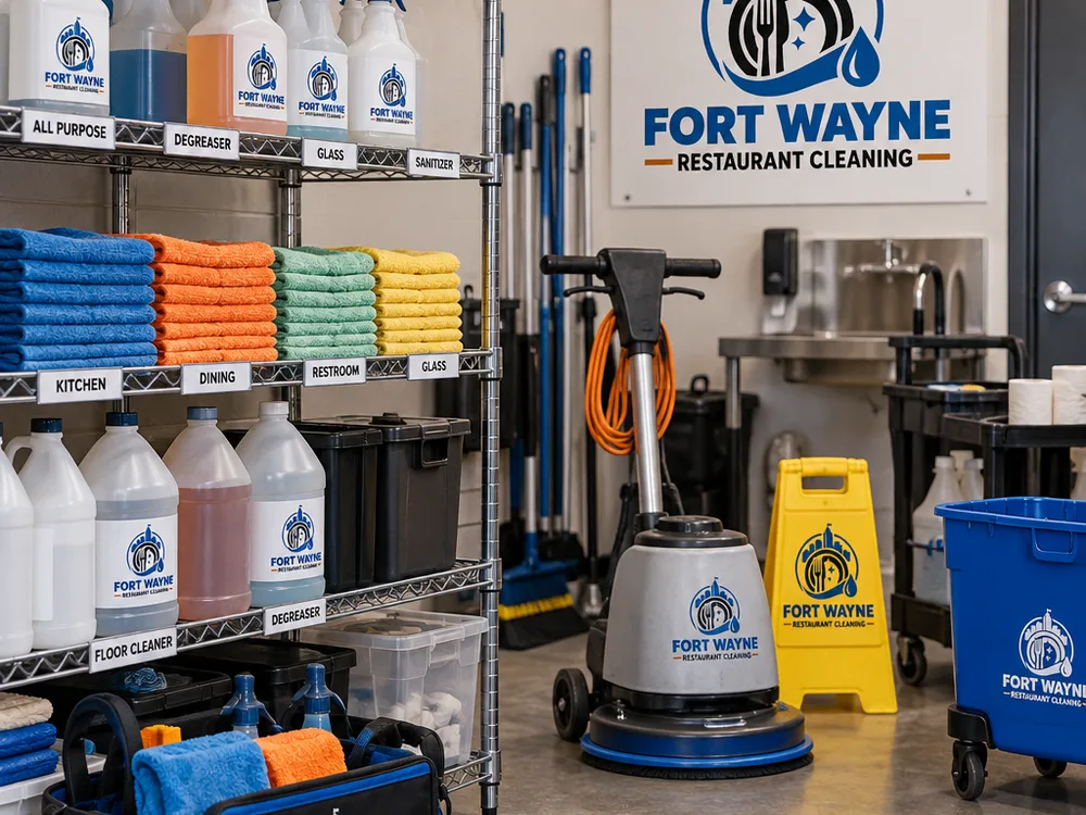 Organized commercial cleaning staging area prepared for a restaurant cleaning shift